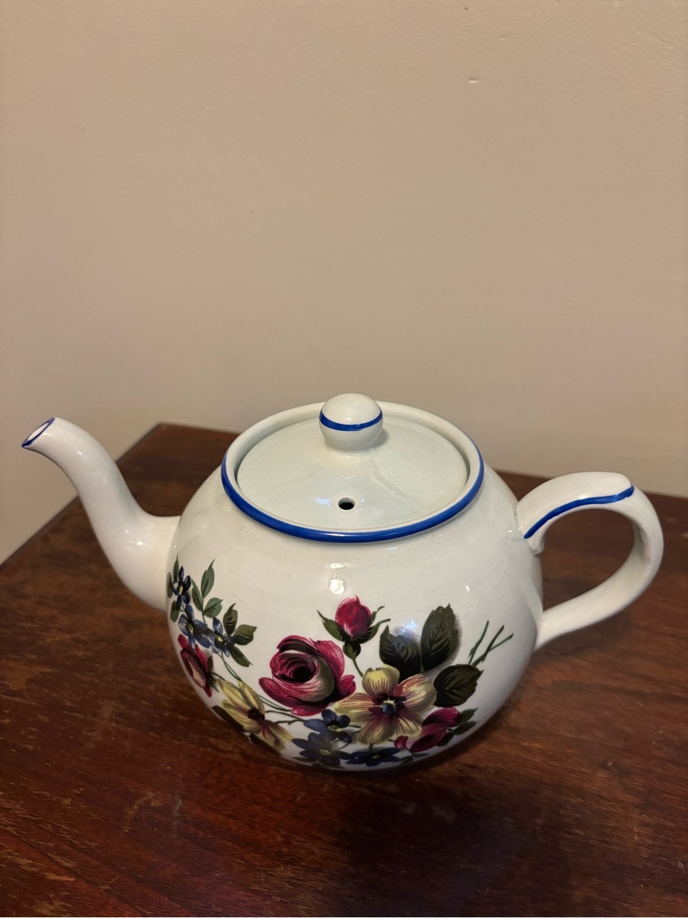 Vintage English Arthur Wood Teapot Pink Roses, Wildflowers & Blue Trim